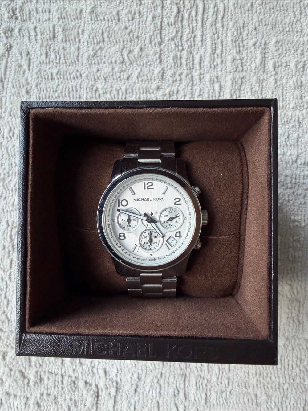 Michael Kors Silver Stainless Steel Chronograph Watch with White Dial